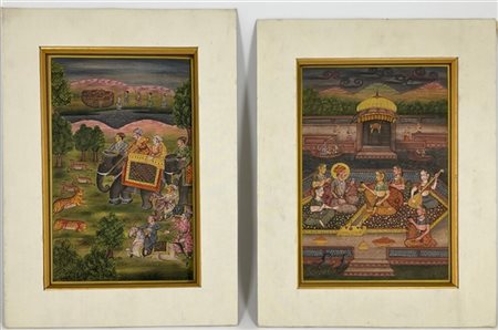 Due miniature su carta raffiguranti rispettivamente harem alla corte Mughal e c