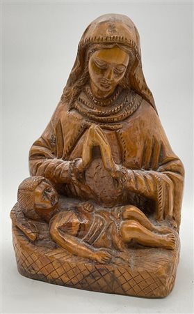 Madonna con Bambino scultura in legno intagliato (cm 20x28) (difetti)