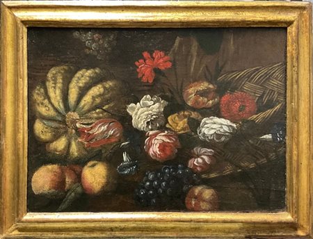 Ignoto

Antico dipinto raffigurante "Composizione con cesta di fiori e frutta"