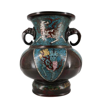 Vaso biansato in bronzo e smalti cloisonnè decorato a dragoni su fondo turchese