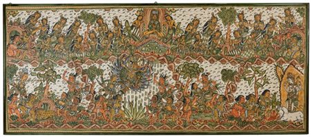 Arte balinese. Tessuto dipinto in policromia con divinità e figure (cm 75x180)