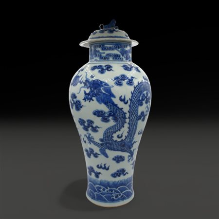 A large Chinese blue and white vase and cover