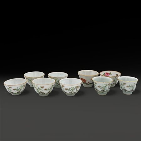 Nine Chinese Famille Rose tea cups