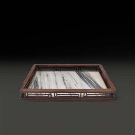 A Chinese hardwood and marble tray