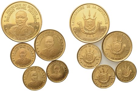 BURUNDI. Serie di 5 monete in oro commemorative del 1967 (complessivamente gr. 66,30). Au 900; 100 franchi (32,23 g; 35,20 mm); 50 (16,24 g; 27,19 mm); 25 (8,12 g; 21,95 mm); 20 (6,47 g; 21 mm); 10 (3,24 g; 19,29 mm).