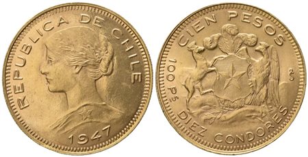 CILE. 100 pesos 1947. Au 900 (20,38 g; 30,9 mm)