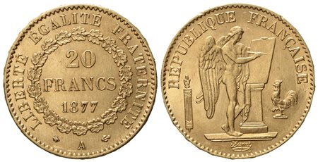 FRANCIA. Terza Repubblica (1870 - 1940). 20 franchi 1877 Parigi. Au 900 (6,43 g; 20,9 mm)