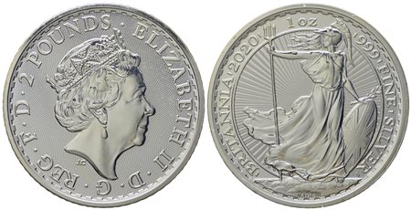 INGHILTERRA. Elisabetta II (1952 - 2022). Oncia 2020 "Britannia". Ag (31,1 g; 39 mm)