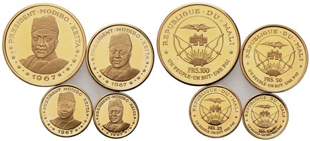 MALI. Serie di 4 monete commemorative del 1967. Au 900 (complessivamente 59,31 g). 100 franchi (32,03 g; 34,39 mm); 50 (16,02 g; 28,28 mm); 25 (7,99 g; 21,96 mm); 10 (3,27 g; 19,27 mm)