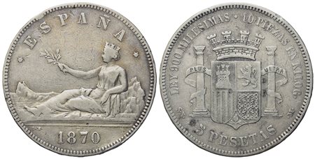 SPAGNA. Governo provvisorio. 5 pesetas 1870. Ag (24,62 g; 37 mm)