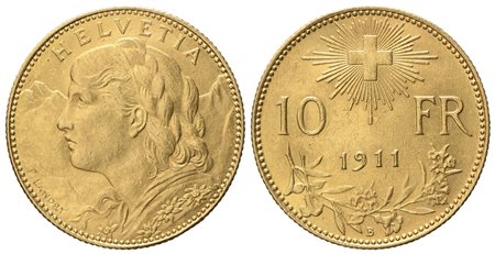 SVIZZERA. 10 franchi 1911 B. Au 900 (3,21 g, 18,6 mm)