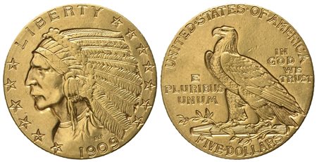 USA. 5 dollari 1909 "Indiano". Au 900 (8,35 g; 21,2 mm).