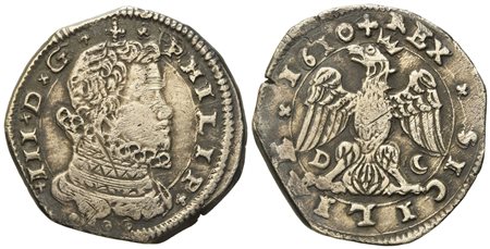 Messina. Regno di Sicilia. Filippo III di Spagna (1598-1621). 4 tarì 1610, sigle D C. Ag (10,28 g; 30 mm)