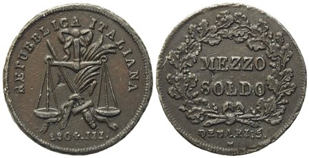 MILANO. Prima Repubblica Italiana (1802-1805). Mezzo soldo da 5 Denari. Progetto. Cu (23,36 mm; 5,71 mm) 