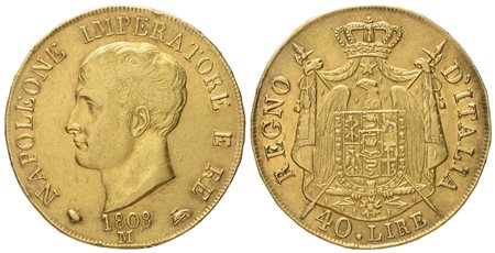 MILANO. Regno d'Italia. Napoleone I (1805-1814). 40 lire 1808 - I tipo. Au (12,84 g; 26,3 mm)