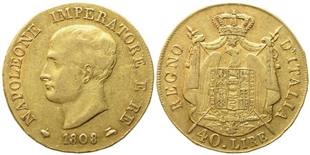 MILANO. Regno d'Italia. Napoleone I imperatore (1805-1814), 40 Lire 1808, senza marchio di zecca. Au (12,90 g; 26,5 mm)