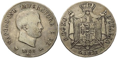 MILANO. Regno d'Italia. Napoleone I (1805-1814). 5 Lire 1808, I tipo. Ag (24,78 g; 36,5 mm)