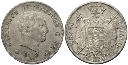 MILANO. Regno d'Italia. Napoleone I (1805 - 1814). 5 Lire 1812, puntali aguzzi. Ag (24,96 g; 37 mm)