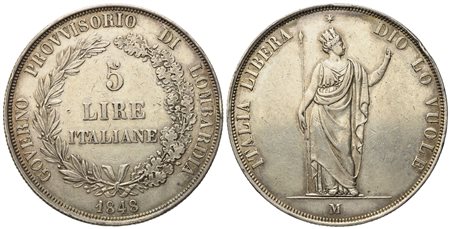 MILANO. Governo Provvisorio di Lombardia. 5 lire 1848 "Stella lontana, rami corti". Ag (24,92 g; 37,2 mm)