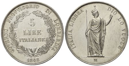 MILANO. Governo Provvisorio di Lombardia. 5 lire 1848 "Stella vicina, base spessa". Ag (25,08 g; 37,1 mm)