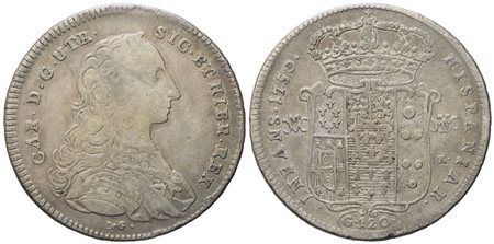 NAPOLI. Regno di Napoli. Carlo di Borbone (1734-1759). Piastra da 120 grana 1750 "De G sotto il busto. Ag (24,60 g; 42 mm)