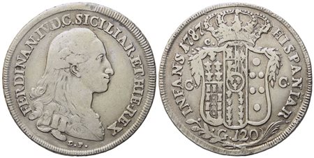 NAPOLI. Regno di Napoli. Ferdinando IV di Borbone (1759-1799, I per.). Piastra da 120 grana 1787 "D C al dr". Ag (27,05 g; 41,8 mm)