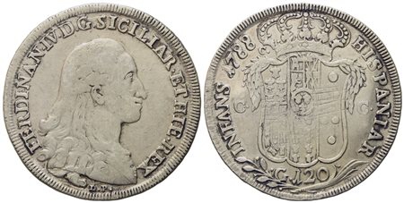 NAPOLI. Regno di Napoli. Ferdinando IV di Borbone (1759-1799, I per.). Piastra da 120 Grana 1788 "D.P". Ag (27,15 g; 42 mm)