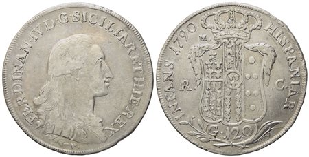 NAPOLI. Regno di Napoli. Ferdinando IV di Borbone (1759-1799, I per.). Piastra da 120 Grana 1790 "R.C". Ag (27,09 g; 42,4 mm).