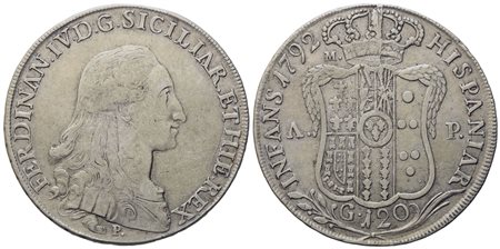 NAPOLI. Regno di Napoli. Ferdinando IV di Borbone (1759-1799, I per.). Piastra da 120 grana 1792. Ag (27,15 g; 40,2 mm)