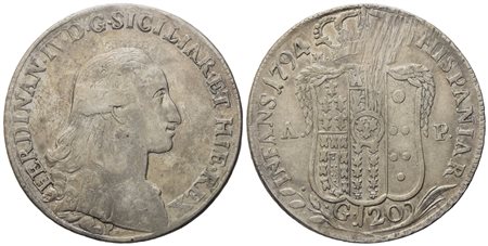 NAPOLI. Regno di Napoli. Ferdinando IV di Borbone (1759-1799, I per.). Piastra da 120 grana 1794. Ag (27,45 g; 39,8 mm)