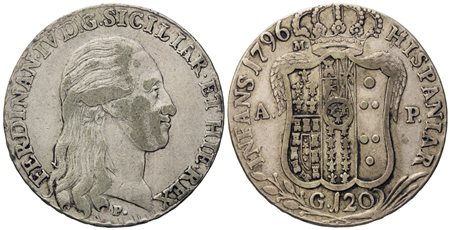 NAPOLI. Regno di Napoli. Ferdinando IV di Borbone (1759-1799 - I periodo). Piastra da 120 grana 1796. Ag (26,3 g; 38,3 mm)