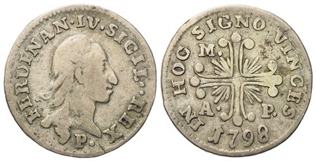 NAPOLI. Regno di Napoli. Ferdinando IV di Borbone (1759 - 1799 I periodo). Carlino da 10 grana 1798 "doppio punto dopo SICIL..".  Ag (2,2 g; 18,7 mm)