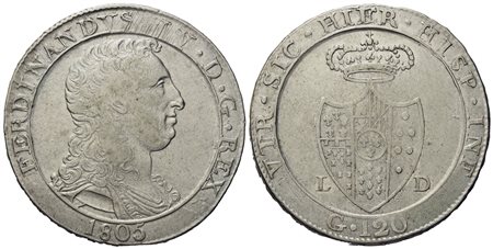 NAPOLI. Regno di Napoli. Ferdinando IV di Borbone (1799 - 1805 - II periodo). Piastra da 120 grana 1805. Capelli ricci; stemma grande. Ag (27,54 g; 37,7 mm)