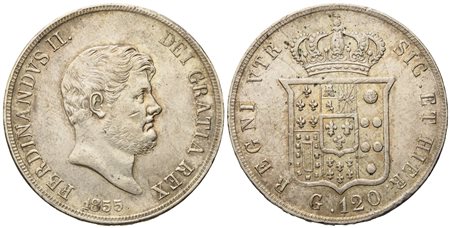 NAPOLI. Regno delle Due Sicilie. Ferdinando II di Borbone (1830-1859). Piastra da 120 Grana 1855. Ag (27,58 g; 36,8 mm)