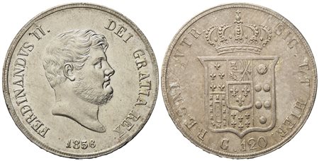 NAPOLI. Regno delle Due Sicilie. Ferdinando II di Borbone (1830-1859). Piastra da 120 grana 1856. Ag (27,54 g; 36,8 mm)