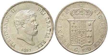 NAPOLI. Regno delle Due Sicilie. Ferdinando II di Borbone (1830-1859). Piastra da 120 grana 1857. Ag (27,50 g; 37,1 mm)