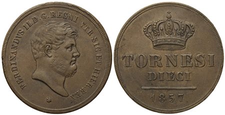 NAPOLI. Regno delle Due Sicilie. Ferdinando II di Borbone (1830-1859). 10 tornesi 1857. Cu (28,08 g; 37,2 mm) 