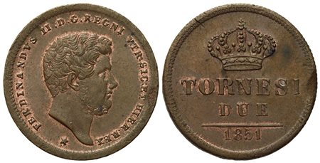 NAPOLI. Regno delle Due Sicilie. Ferdinando II di Borbone (1830-1859). 2 tornesi 1851. Cu (6,13 g; 24,4 mm)