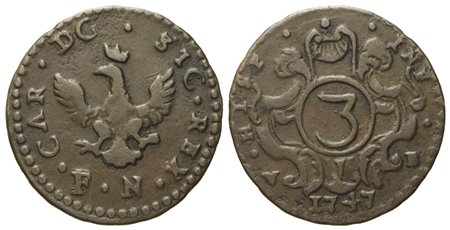 PALERMO. Regno di Sicilia. Carlo di Borbone (1734 - 1759). 3 Piccioli 1747. Cu (2,10 g; 19 mm)