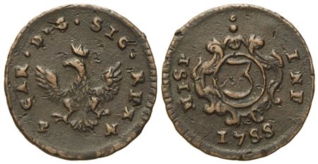 PALERMO. Regno di Sicilia. Carlo di Borbone (1734 - 1759). 3 Piccioli 1755. Cu (2,10 g; 19 mm)