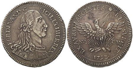 PALERMO. Regno di Sicilia. Ferdinando III di Borbone (1759 - 1816). Oncia da 30 tarì 1793. Tipologia rarissima con il sole volto a destra. Ag (68,35 g; 48,4 mm)