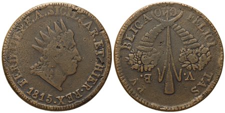 PALERMO. Regno di Sicilia. Ferdinando III di Borbone (1759 - 1816). 10 Grani 1815. Cu (27,20 g; 36,8 mm)