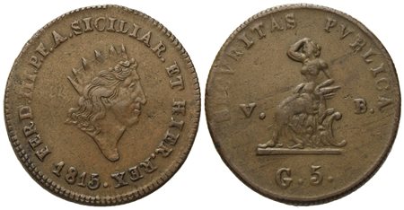 PALERMO. Regno di Sicilia. Ferdinando III di Borbone (1759 - 1816). 5 grani 1815. Cu (15,41 g; 30,2 mm)