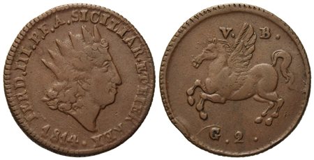 PALERMO. Regno di Sicilia. Ferdinando III di Borbone (1759 - 1816). 2 Grani 1814. Cu (6,05 g; 22,8 mm)