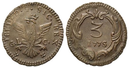 PALERMO. Regno di Sicilia. Ferdinando III di Borbone (1759-1816). Mezzo grano 1775. Cu (2,40 g; 18,5 mm)