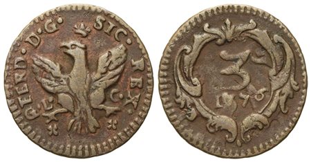 PALERMO. Regno di Sicilia. Ferdinando III di Borbone (1759 - 1816). Mezzo grano da 3 Piccioli 1776. Cu (2,11 g; 18,5 mm)