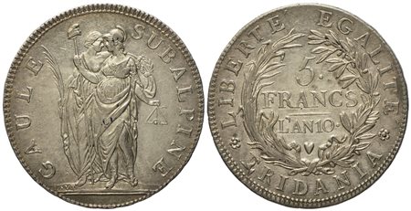 TORINO. Repubblica Subalpina (1800 - 1802). 5 franchi anno 10 (1802). Ag (24,93 g; 37,44 mm)