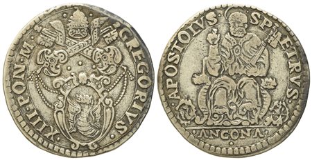 STATO PONTIFICIO. Ancona. Gregorio XIII (1572 - 1585). Testone. Ag (9,4 g; 29,4 mm)