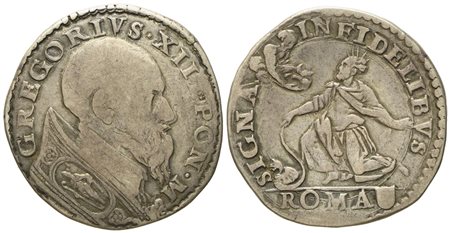 STATO PONTIFICIO. Roma. Gregorio XIII (1572 - 1585). Testone "Mosè inginocchiato". Ag (9,2 g; 29 mm)