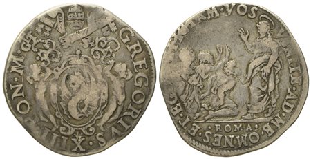 STATO PONTIFICIO. Roma. Gregorio XIII (1572 - 1585). Testone "predica di Gesù". Ag (8,6 g; 30,1 mm)